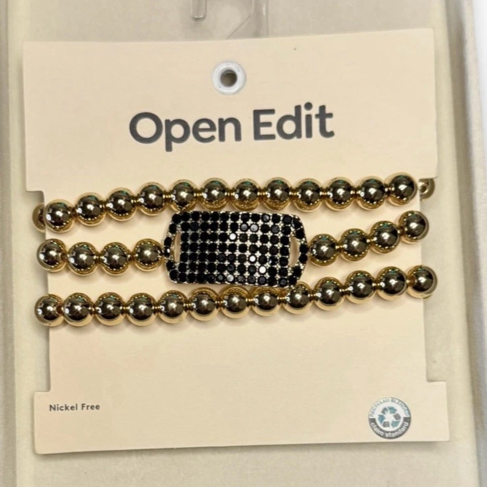 Women’s Nordstrom Stacking 3 Piece Golden Beaded Bracelet W/ Black Rhinestones